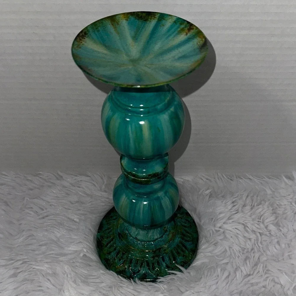 Turquoise Teal Drip Glaze Ceramic Pillar Candle Holder Boho Turned Pottery 9in